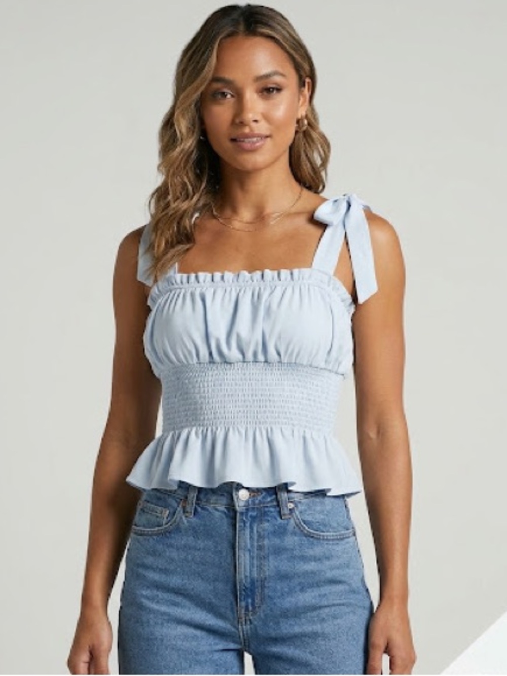 Smocked Peplum Tank with Tie Straps -